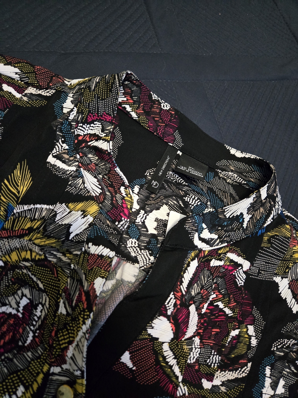 new directions Black Floral Button-Down Shirt with Multicolor Accents
